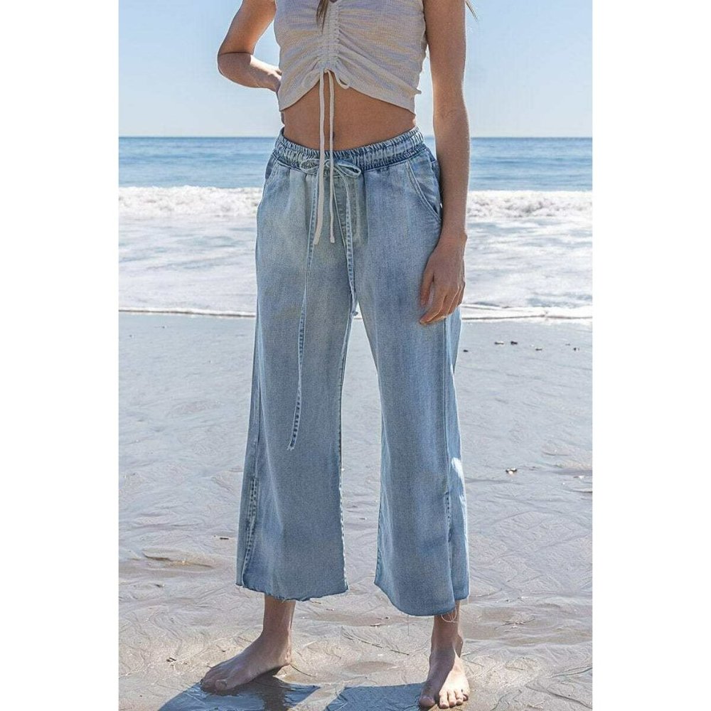 POL Clothing Women's Lightweight Denim Wide Opening Jeans Self String Tie smp92